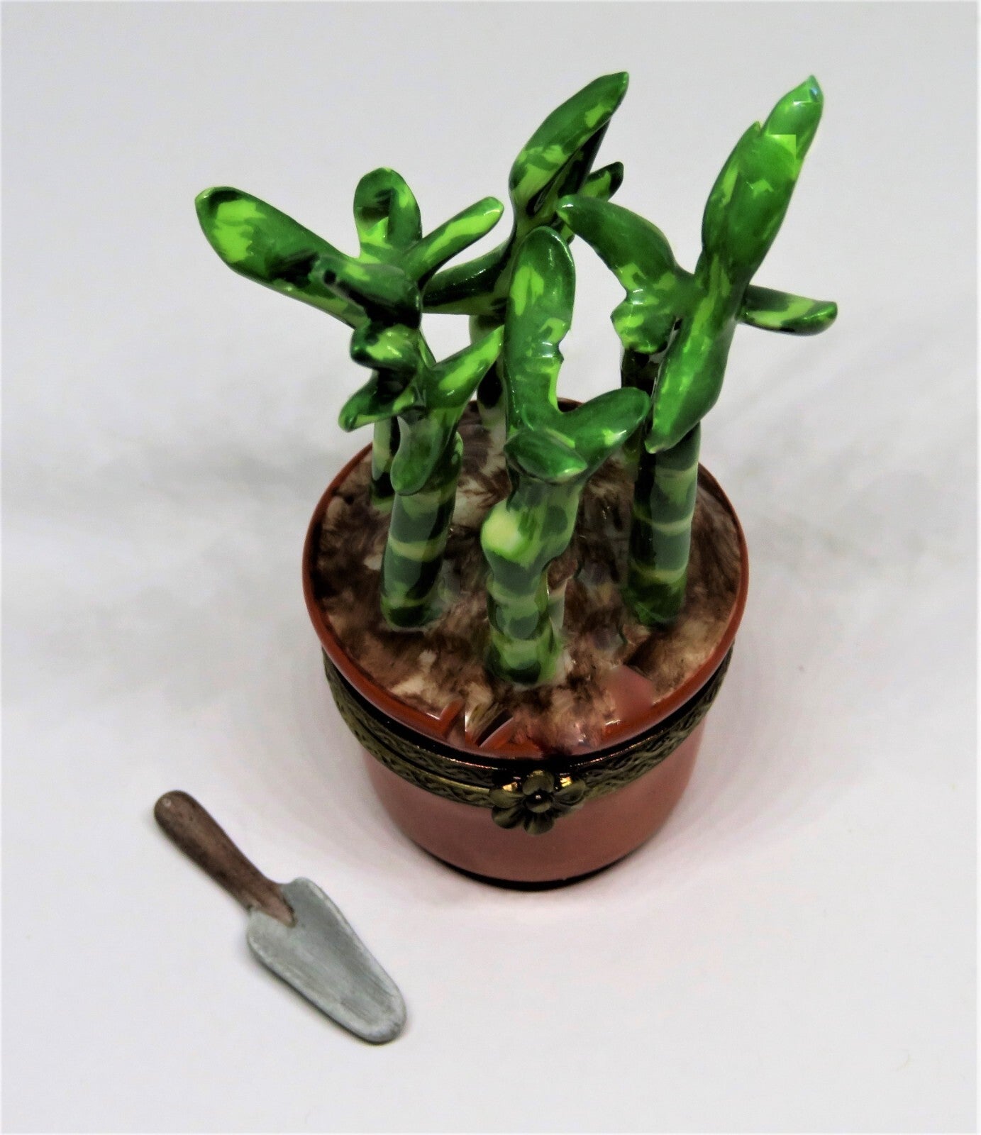 LIMOGES FRANCE BOX - ROCHARD - LUCKY BAMBOO PLANT  & PORCELAIN GARDENING TOOL