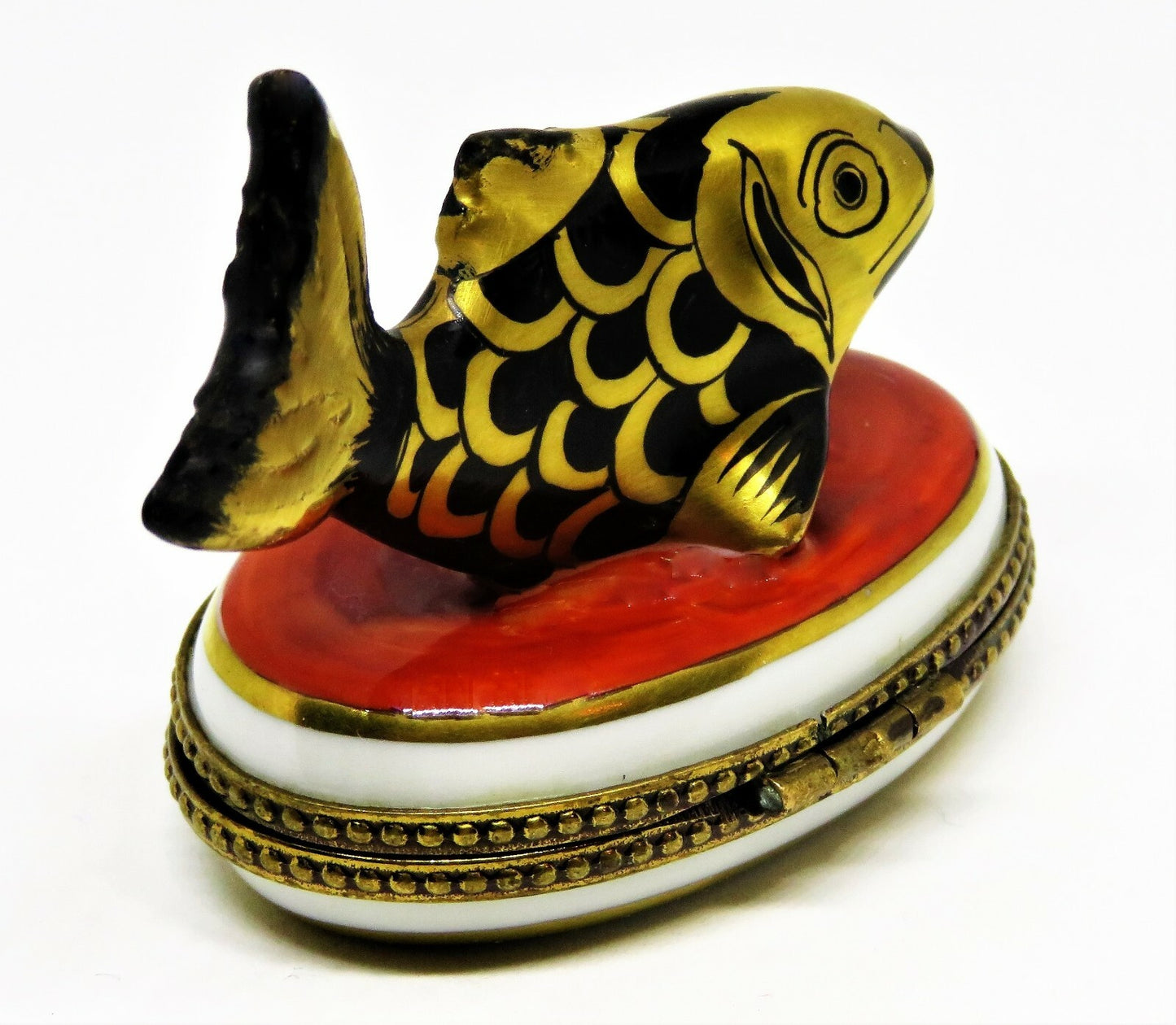 LIMOGES FRANCE BOX - BLACK & GOLD TROPICAL FISH - LUCKY FOUR LEAF CLOVER CLASP