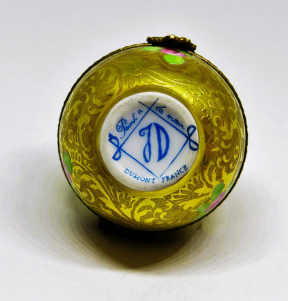 LIMOGES FRANCE BOX -DUMONT- VINTAGE GOLD INCRUSTATION EGG & PINK ROSES - FLOWERS