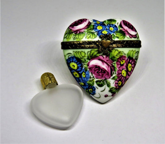 LIMOGES FRANCE BOX - FLORAL HEART & PERFUME BOTTLE - FLOWERS - PINK ROSES