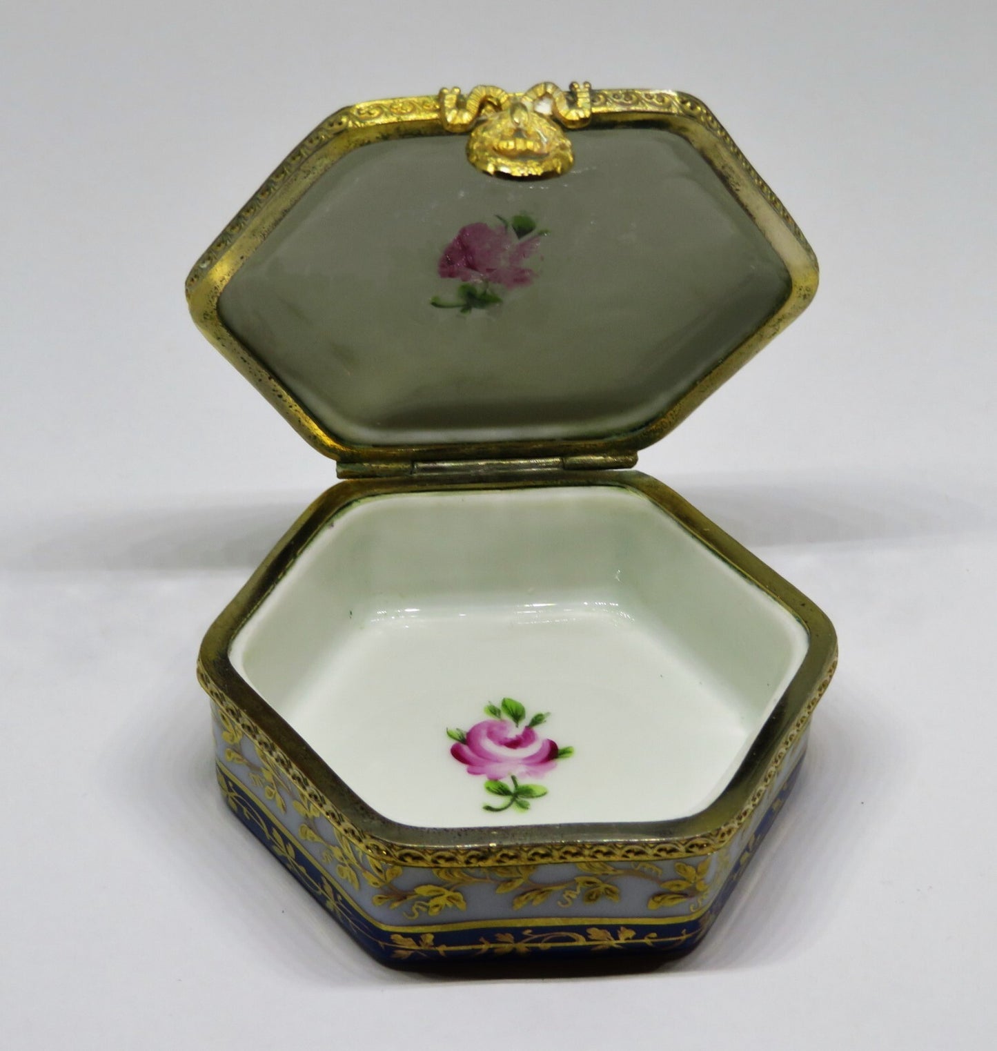 LIMOGES FRANCE HEXAGON BOX - LE TALLEC - FLOWERS & GOLD VINES - ROSES - 1960