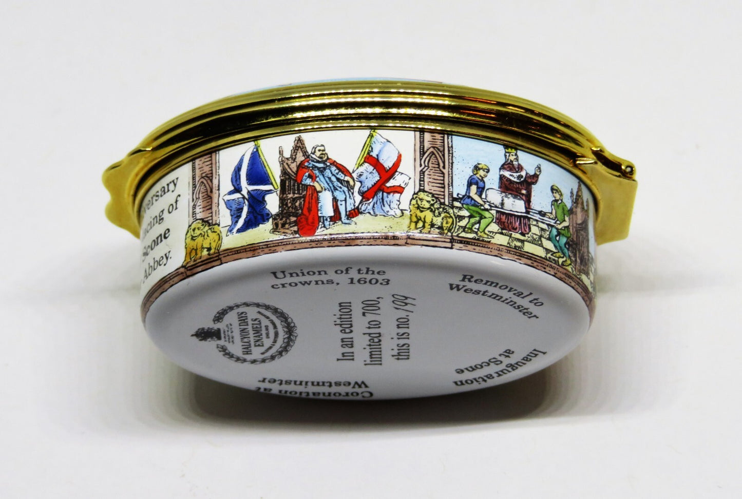 HALCYON DAYS ENGLISH ENAMEL BOX- THE STONE OF SCONE - BRITISH ROYALTY - SCOTLAND