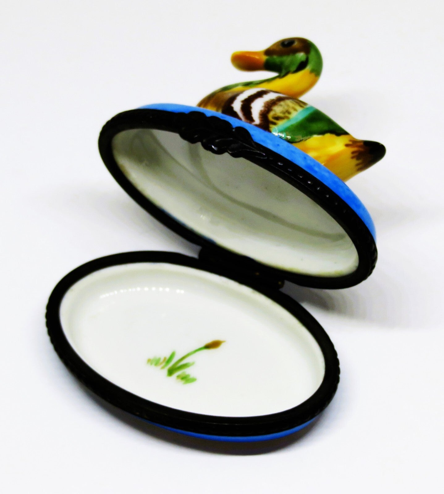 LIMOGES FRANCE BOX - COLORFUL MALLARD DUCK IN BLUE POND - REEDS & CATTAIL INSIDE
