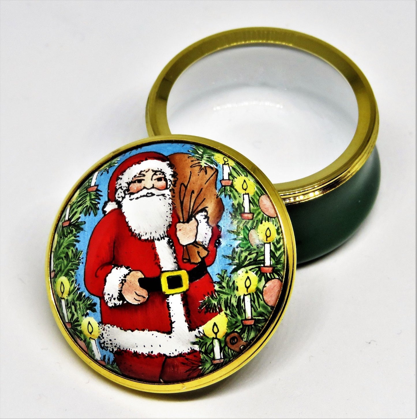 HALCYON DAYS ENAMEL BOX - CHRISTMAS - SANTA CLAUS & WREATH & CANDLES