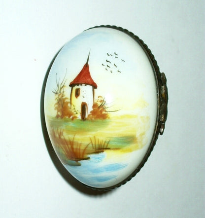 LIMOGES BOX - VINTAGE EASTER EGG & RURAL LANDSCAPE SCENE -SILO & STREAM- FLOWERS