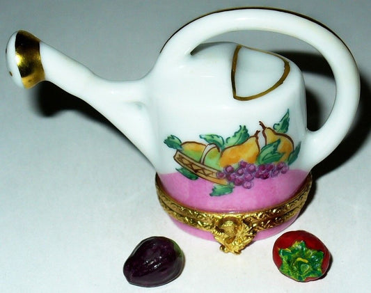 LIMOGES FRANCE BOX ~ PINK GARDEN WATERING CAN & BASKET & FRUITS ~ PEINT MAIN