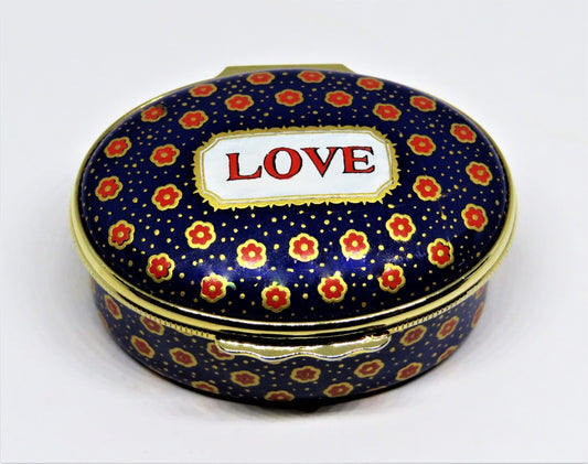 HALCYON DAYS ENAMEL BOX - "LOVE" - RED & GOLD FLOWERS - ANNIVERSARY - BIRTHDAY