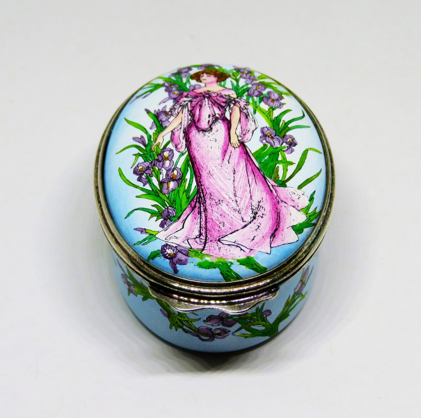HALCYON DAYS ENAMEL BOX - ACTRESS SARAH BERNHARDT -IRISES- ALPHONSE MUCHA POSTER