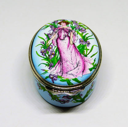 HALCYON DAYS ENAMEL BOX - ACTRESS SARAH BERNHARDT -IRISES- ALPHONSE MUCHA POSTER