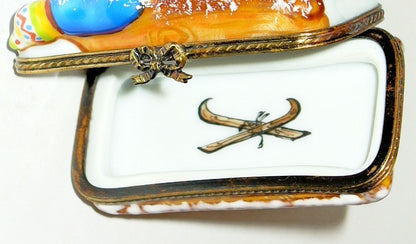 LIMOGES FRANCE BOX - CHILD ON A SLED IN THE SNOW - WINTER ACTIVITIES - SPORTS