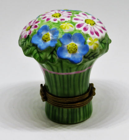 LIMOGES FRANCE BOX~ CHAMART ~ BOUQUET OF FLOWERS ~PINK RIBBON & BOW~ ANNIVERSARY