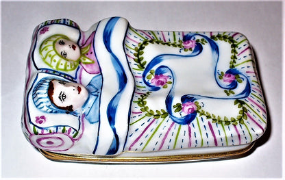 LIMOGES BOX - COUPLE IN BED - FLORAL BLANKET - RIBBONS & ROSES - BABY & CRADLE