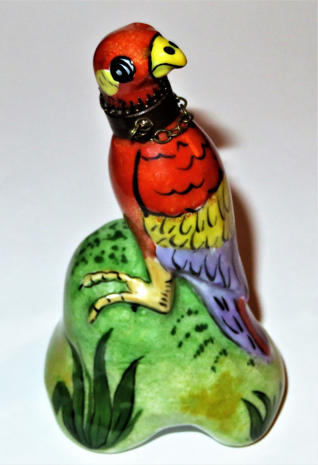 LIMOGES FRANCE BOX - VINTAGE MACAW PARROT PERFUME BOTTLE & CHAIN COLLAR - BIRDS