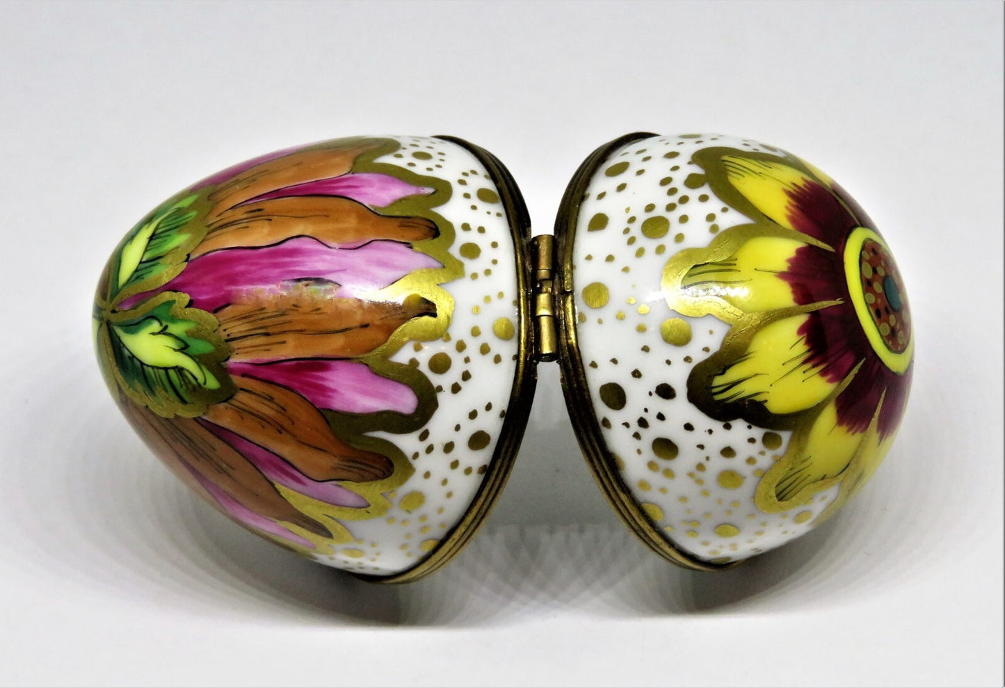 LIMOGES FRANCE BOX - COLORFUL FLORAL EGG - FLOWERS & LEAVES - WATERCOLORS