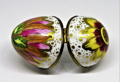 LIMOGES FRANCE BOX - COLORFUL FLORAL EGG - FLOWERS & LEAVES - WATERCOLORS