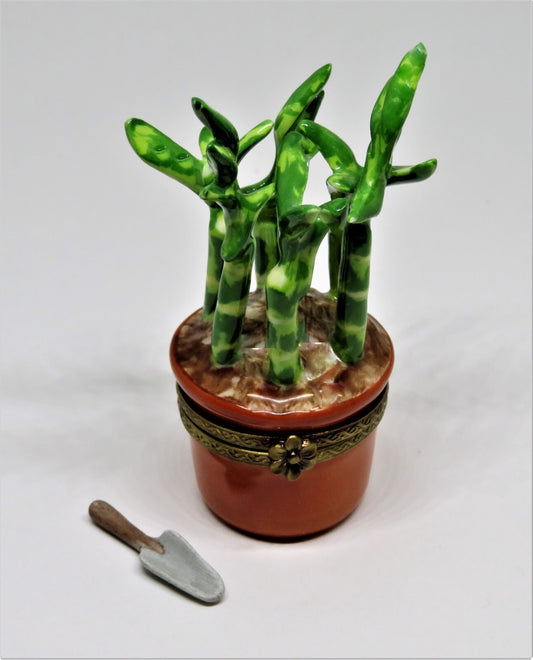 LIMOGES FRANCE BOX - ROCHARD - LUCKY BAMBOO PLANT  & PORCELAIN GARDENING TOOL