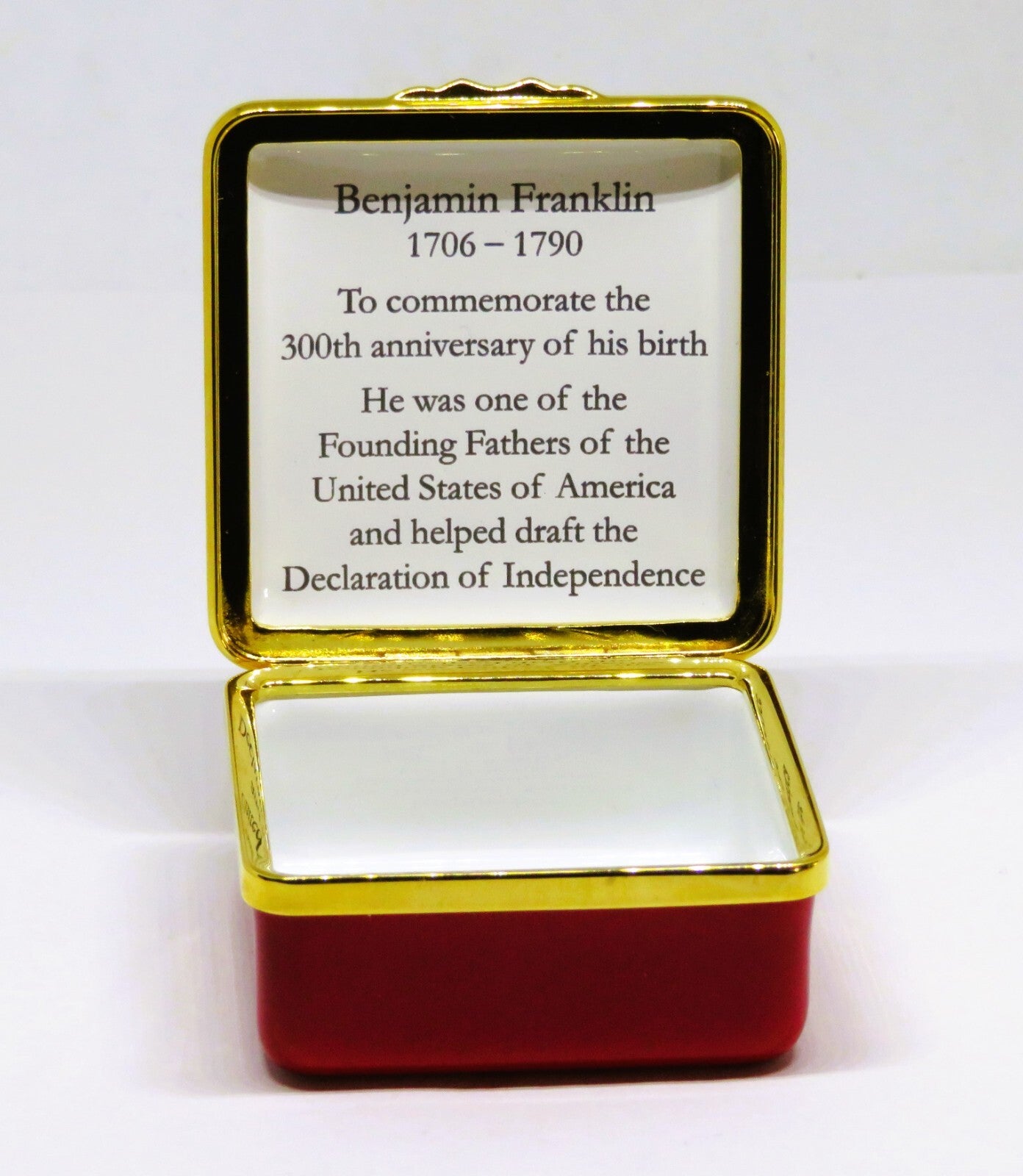 HALCYON DAYS ENGLISH ENAMEL BOX - BENJAMIN FRANKLIN & U. S. FLAG - PHILADELPHIA