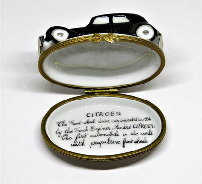 LIMOGES FRANCE BOX - ANTIQUE FRENCH CAR - BLACK 1934 CITROEN SEDAN - AUTOMOBILE