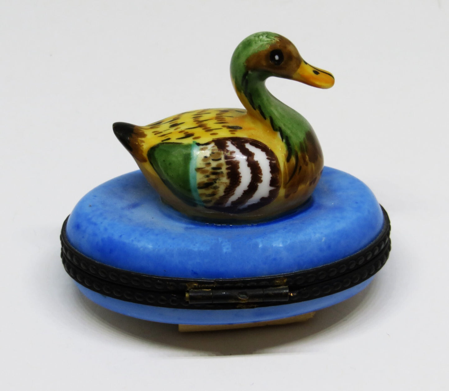 LIMOGES FRANCE BOX - COLORFUL MALLARD DUCK IN BLUE POND - REEDS & CATTAIL INSIDE