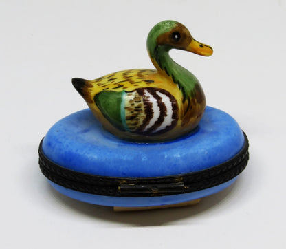 LIMOGES FRANCE BOX - COLORFUL MALLARD DUCK IN BLUE POND - REEDS & CATTAIL INSIDE