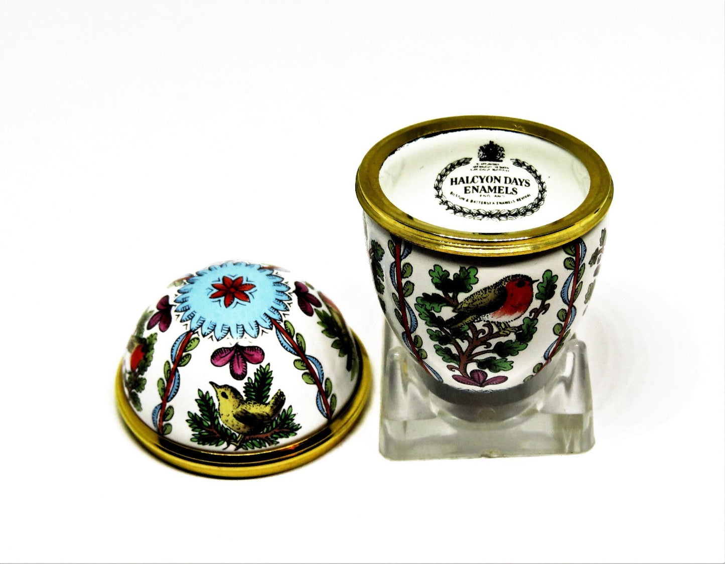 HALCYON DAYS ENAMEL BOX - EGG WITH ROBINS & SPARROWS - BIRDS - BUTTERFLY - MIB