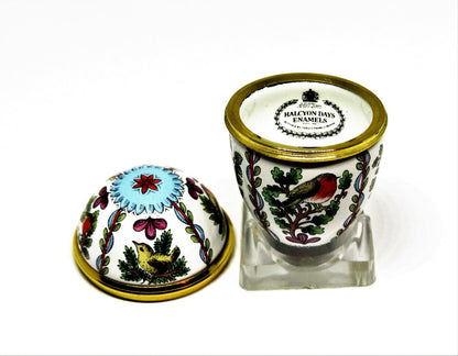 HALCYON DAYS ENAMEL BOX - EGG WITH ROBINS & SPARROWS - BIRDS - BUTTERFLY - MIB
