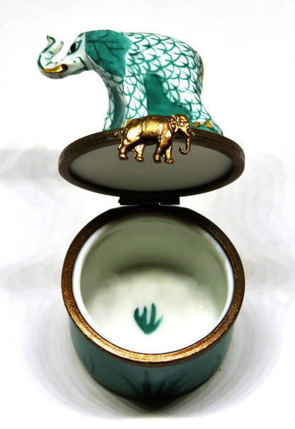 LIMOGES FRANCE BOX - TEAL FISHNET AFRICAN ELEPHANT - HEREND STYLE FISH NET
