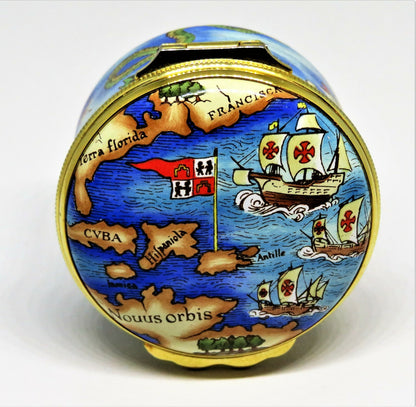 HALCYON DAYS ENAMEL BOX -TIFFANY & CO.- MAP & CHRISTOPHER COLUMBUS SAILING SHIPS