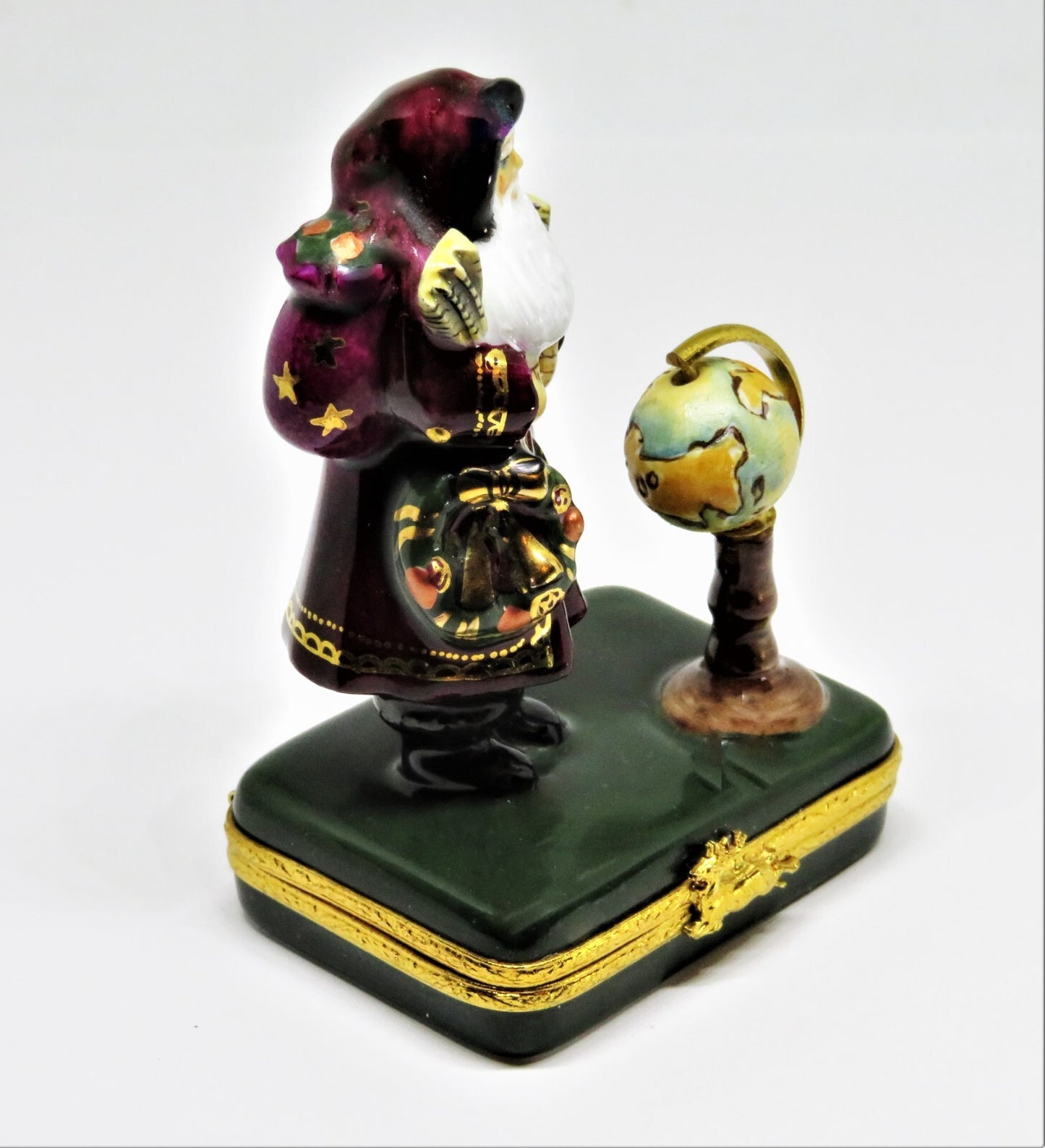 LIMOGES FRANCE BOX- CHRISTMAS - LYNN HANEY - "GLOBE SANTA CLAUS" - MAPS & WREATH