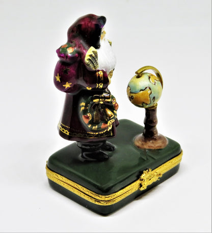 LIMOGES FRANCE BOX- CHRISTMAS - LYNN HANEY - "GLOBE SANTA CLAUS" - MAPS & WREATH