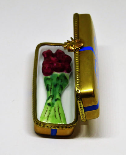LIMOGES BOX ~ ROCHARD ~ GIFT BOX & BOW ~ BOUQUET OF RED ROSES - ANNIVERSARY