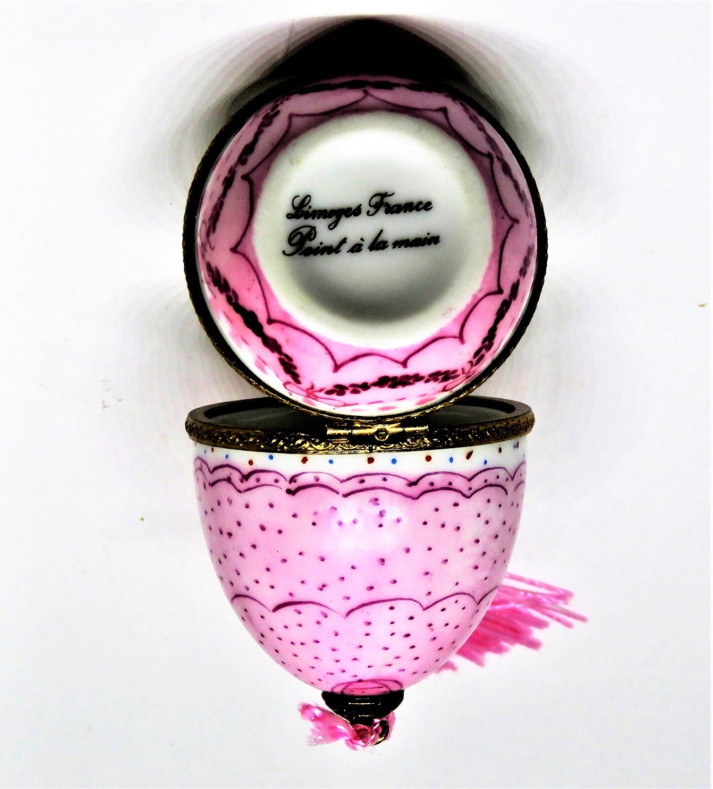 LIMOGES FRANCE BOX - VINTAGE EGG - BABY IN A CARRIAGE -PINK TASSEL  & BOWS- GIRL