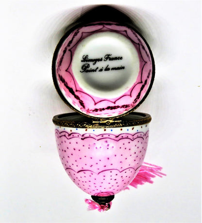 LIMOGES FRANCE BOX - VINTAGE EGG - BABY IN A CARRIAGE -PINK TASSEL  & BOWS- GIRL