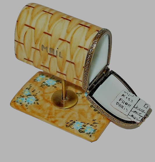 LIMOGES MAIL BOX & STAND & FLOWERS ~ NEWSPAPER & PARIS POSTCARD ~ PEINT MAIN