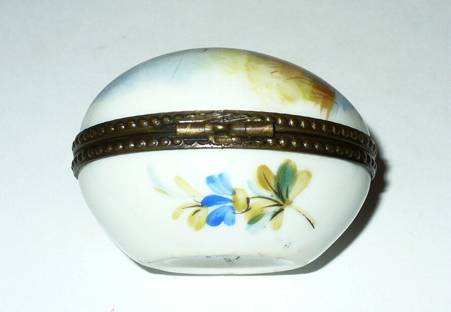 LIMOGES BOX - VINTAGE EASTER EGG & RURAL LANDSCAPE SCENE -SILO & STREAM- FLOWERS
