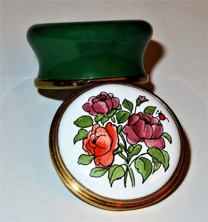 STAFFORDSHIRE ENGLISH ENAMEL BOX - FLOWER OF THE MONTH - JUNE - ROSES - LADYBUG