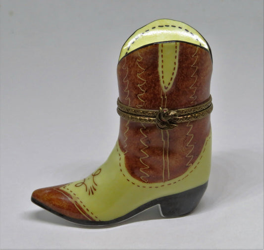LIMOGES BOX - ROCHARD - BEIGE & BROWN WESTERN COWBOY BOOT - TEXAS - HORSE CLASP