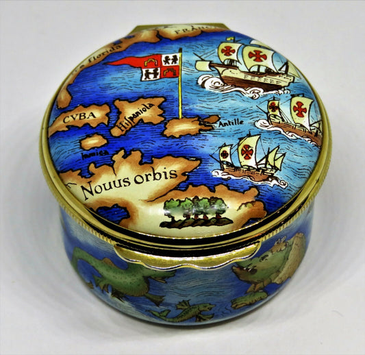 HALCYON DAYS ENAMEL BOX -TIFFANY & CO.- MAP & CHRISTOPHER COLUMBUS SAILING SHIPS