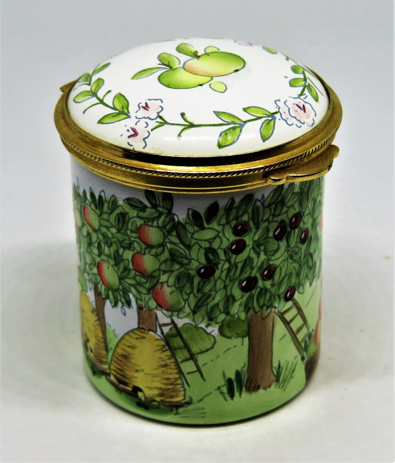 STAFFORDSHIRE ENAMELS STAMP BOX - FRUIT ORCHARD & BEE HIVES - FLOWERS & TREES