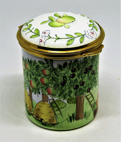 STAFFORDSHIRE ENAMELS STAMP BOX - FRUIT ORCHARD & BEE HIVES - FLOWERS & TREES