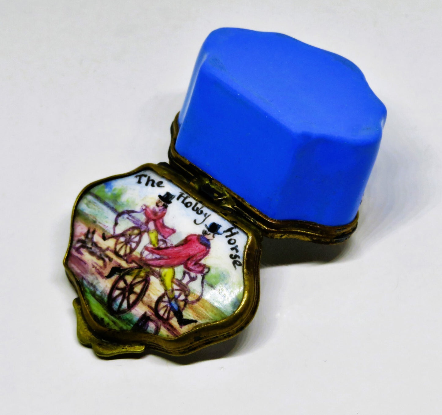 ANTIQUE ENAMEL BOX- 18TH TO 19TH CENTURY - "THE HOBBY HORSE" - MEN ON BICYCLES