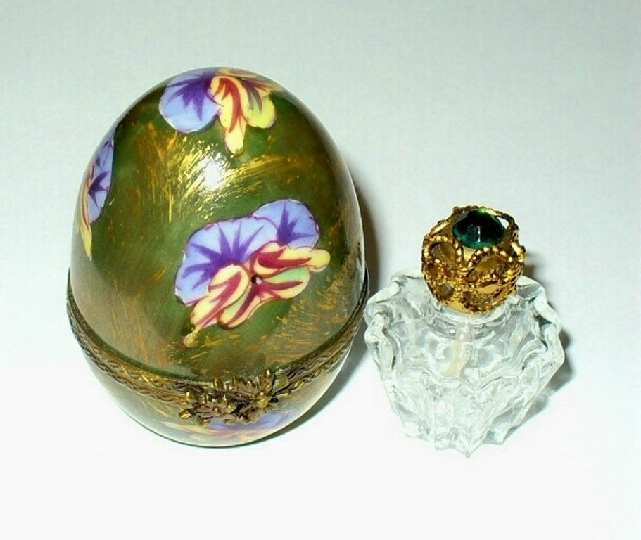 LIMOGES BOX - CHAMART - PANSY EASTER EGG & PERFUME BOTTLE - FLOWERS