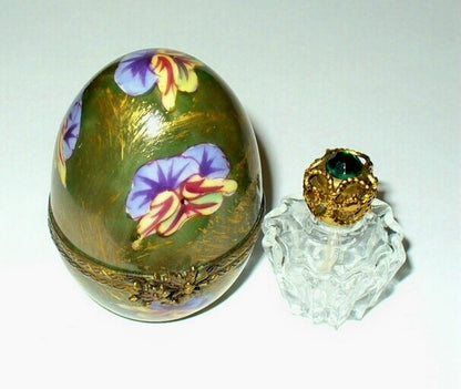 LIMOGES BOX - CHAMART - PANSY EASTER EGG & PERFUME BOTTLE - FLOWERS