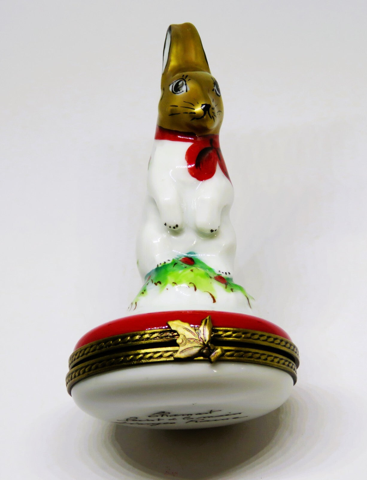 LIMOGES FRANCE BOX - CHAMART - WHITE BUNNY & RED BOW & HOLLY - FIRST CHRISTMAS