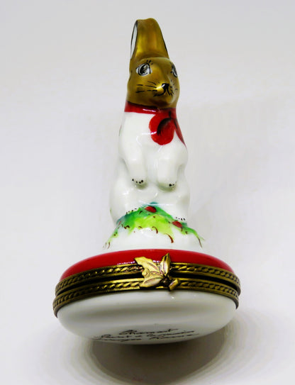 LIMOGES FRANCE BOX - CHAMART - WHITE BUNNY & RED BOW & HOLLY - FIRST CHRISTMAS