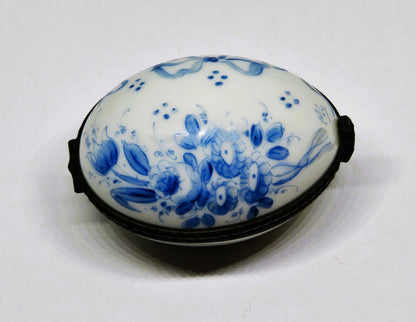 LIMOGES FRANCE BOX ~ VINTAGE FLORAL EASTER EGG ~ BLUE FLOWERS ~ TOP SIGNED "MC"