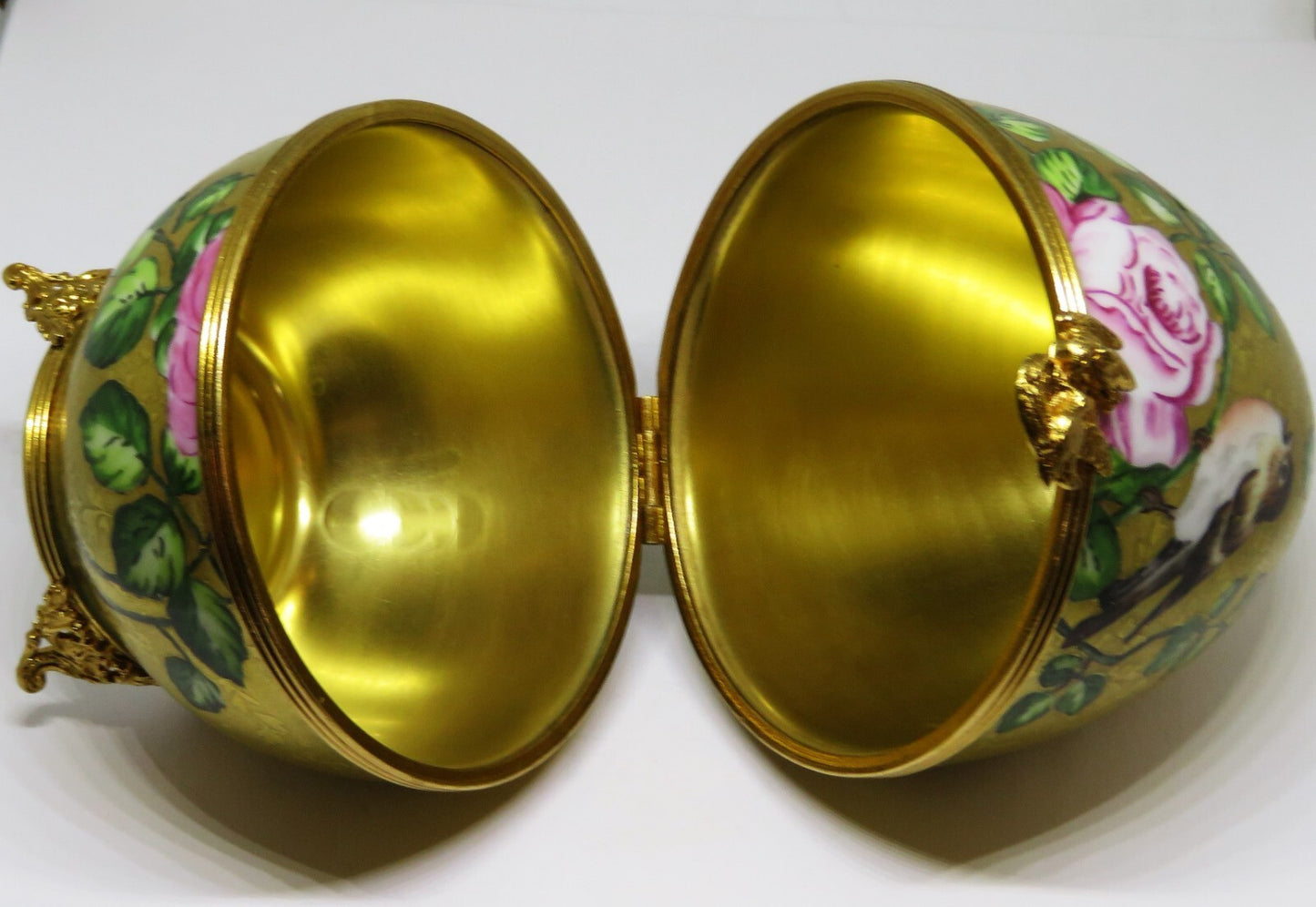 LIMOGES BOX - BEAUCHAMP - HUGE GOLD INCRUSTATION EGG - SONG BIRD & PINK ROSES