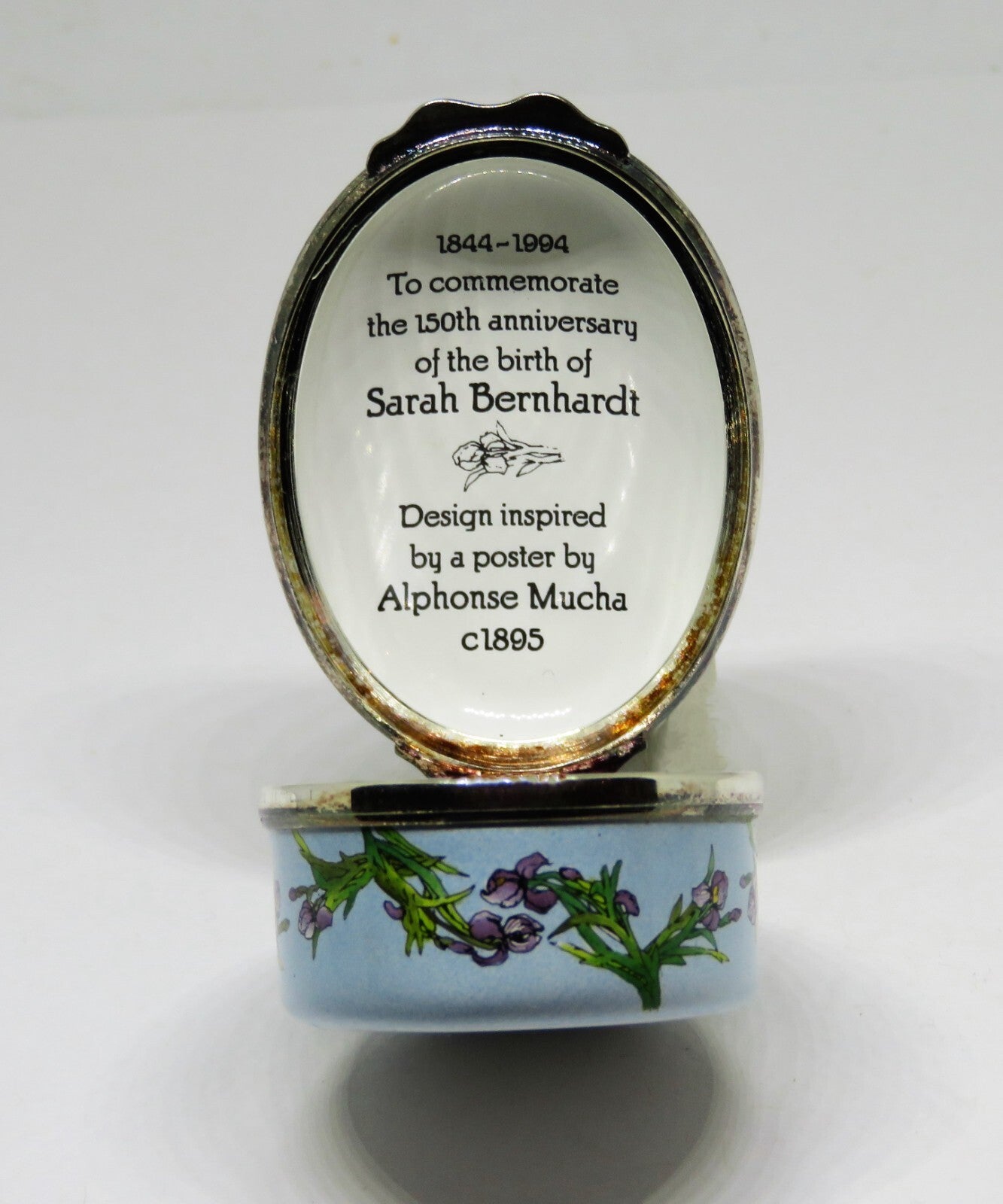 HALCYON DAYS ENAMEL BOX - ACTRESS SARAH BERNHARDT -IRISES- ALPHONSE MUCHA POSTER