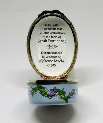 HALCYON DAYS ENAMEL BOX - ACTRESS SARAH BERNHARDT -IRISES- ALPHONSE MUCHA POSTER