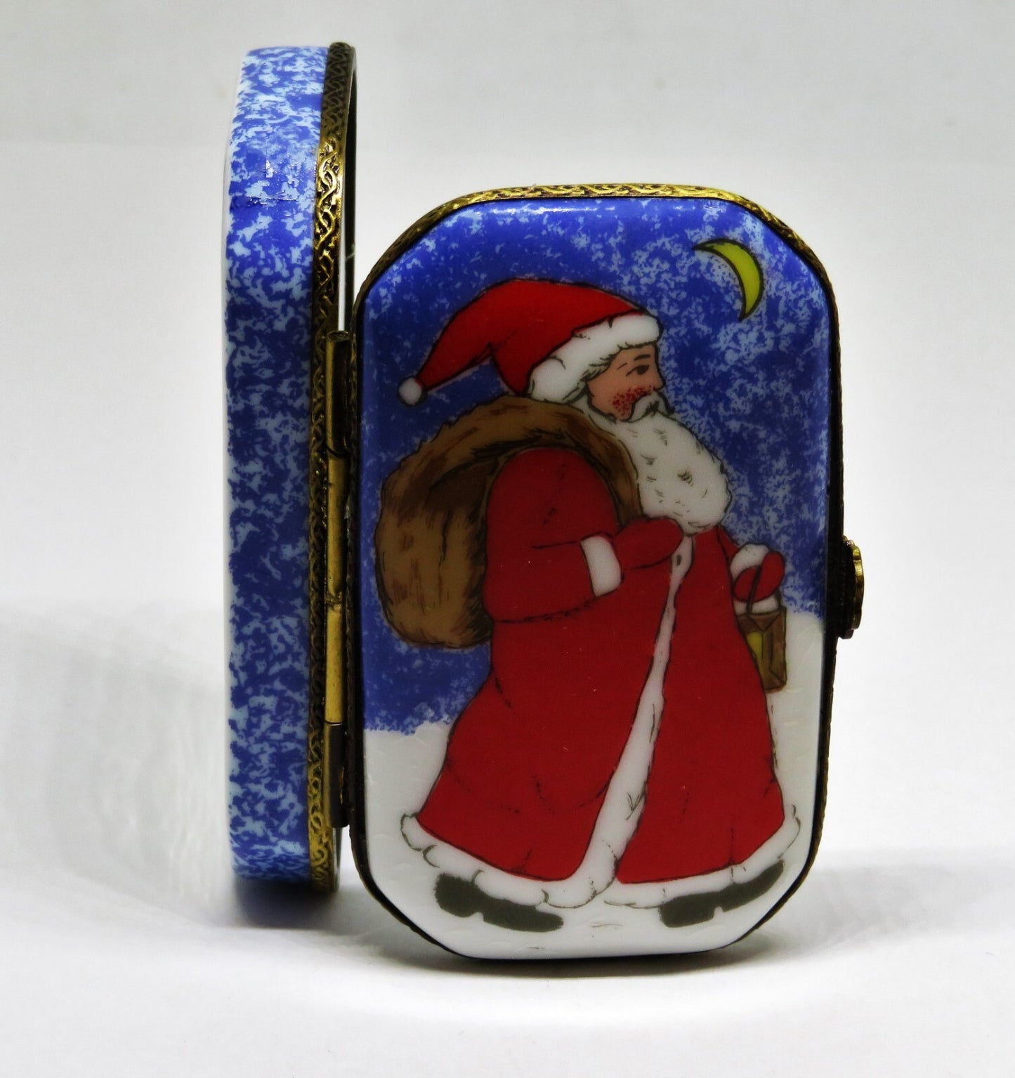 LIMOGES FRANCE BOX - OLD WORLD SANTA CLAUS & CRESCENT MOON - "MERRY CHRISTMAS"